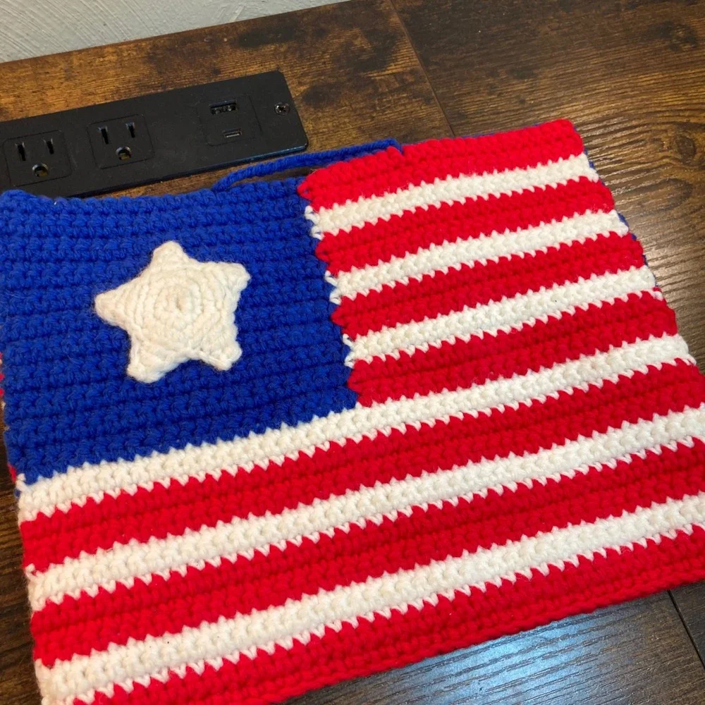 Handmade Crochet American Flag Wall Hanging Patriotic Red White Blue Decor 11x8